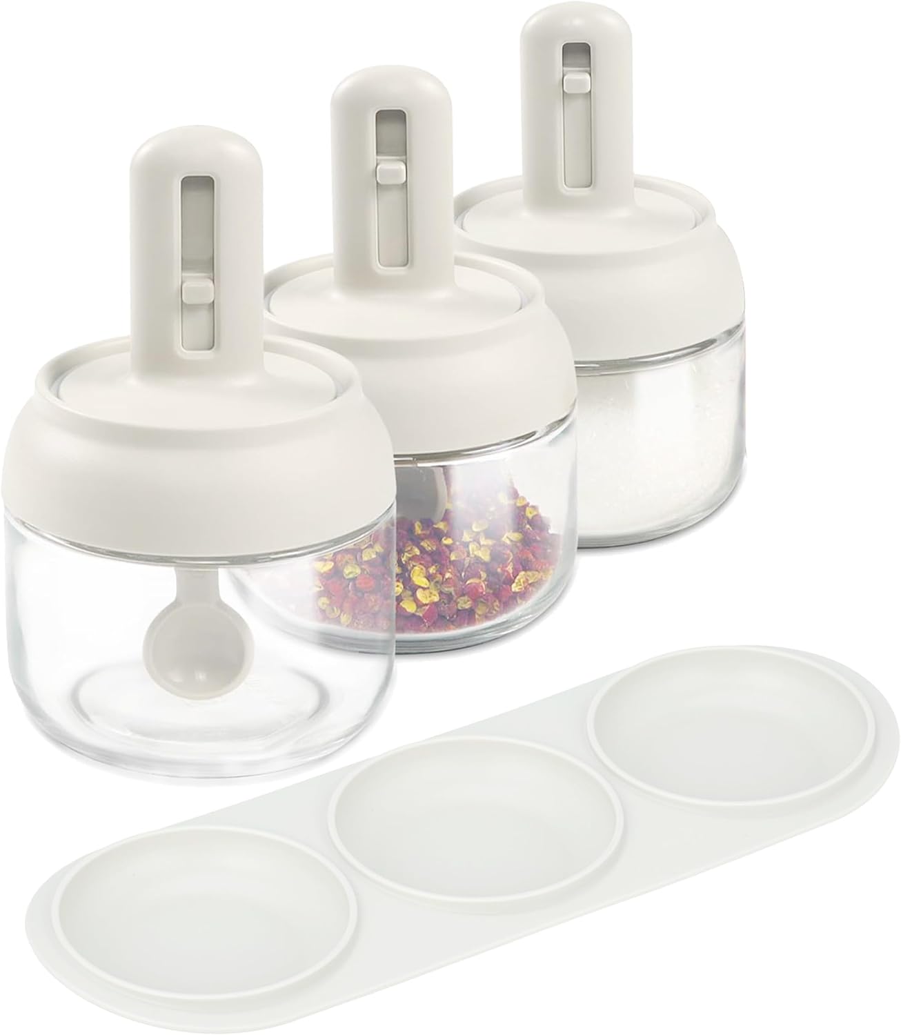 Povinmos® 3 Piece Glass Salt Container | Storage | Pepper,Table Salt, Sugar,Gourmet Salts,Spice |Chili Herbs |10 oz |Glass Salt Container with Lid and Retractable Spoon