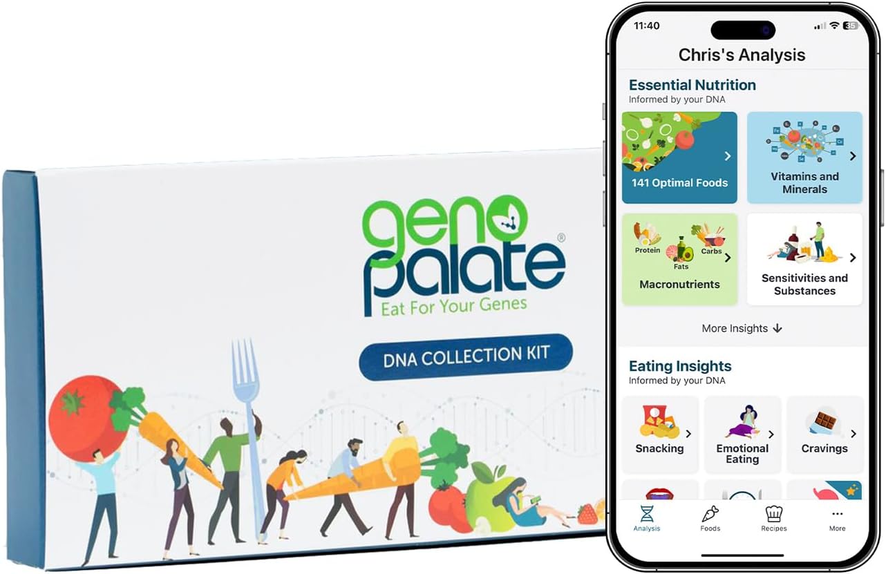 GenoPalate Nutrition DNA Test Kit | 100+ Optimal Foods & Tailored Diet | Genetic Health Report & Personalized Wellness | Macro & Micronutrient Recommendations | Stress & Eating Insights