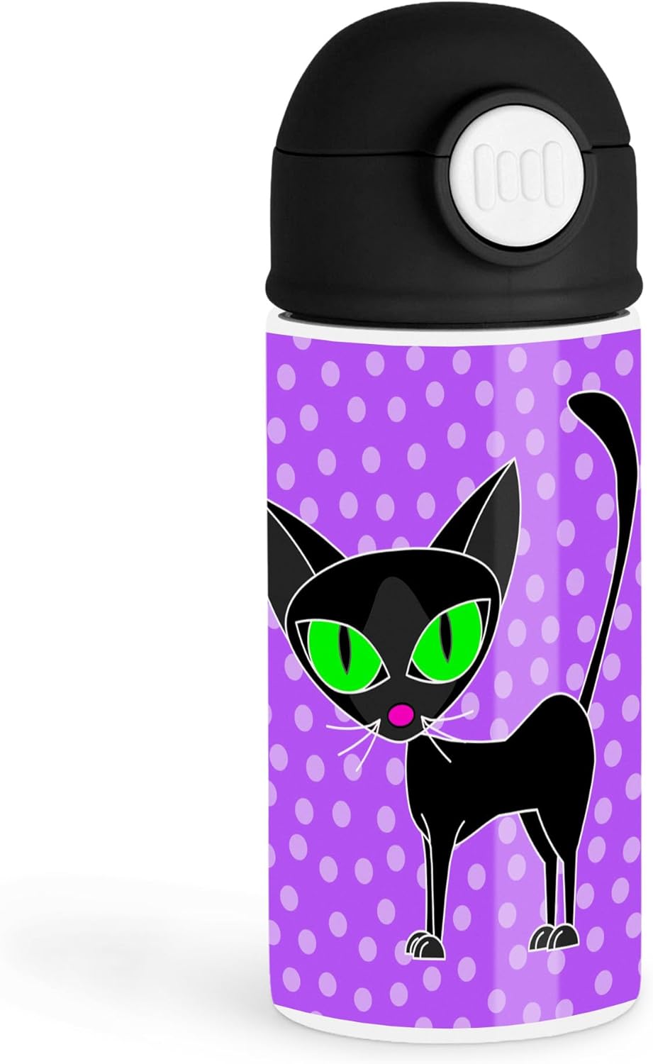 Sweet Cat Enthusiast 12oz Kids Black Bottle – Black cat with green eyes on purple background – School Days, Family Outings