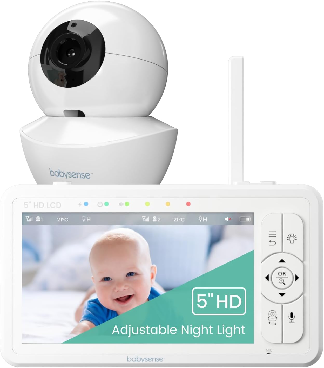 Babysense 720p 5" HD Non-WiFi Baby Monitor, Video Baby Monitor with Camera and Audio, Night Vision, Remote Pan and Tilt, Adjustable Night Light, Long Range, Two-Way Audio, 4x Zoom, 4000mAh Battery