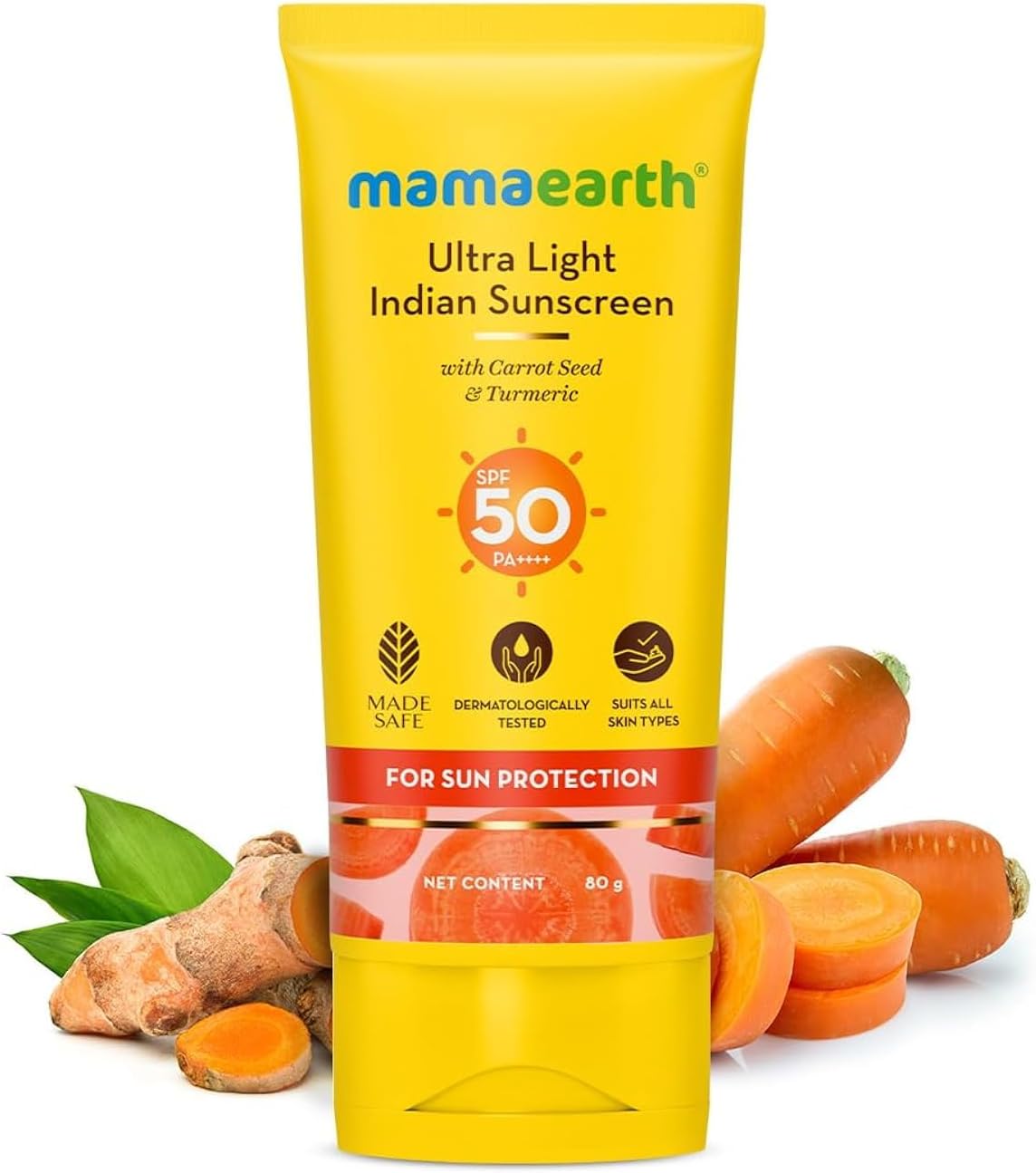 Mamaearth's Ultra Light Natural Sunscreen Lotion SPF 50 PA+++ For Indian Skin, With Turmeric & Carrot Seed, 80ml
