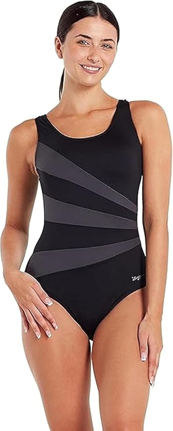 Zoggs Sandon Scoopback Swimsuits for Women, Classic Swimsuits with Fixed Foam Cups & Tummy Control, Scoopback Swimming Costume with Medium Leg Length, Eco-Friendly Womens Swimwear