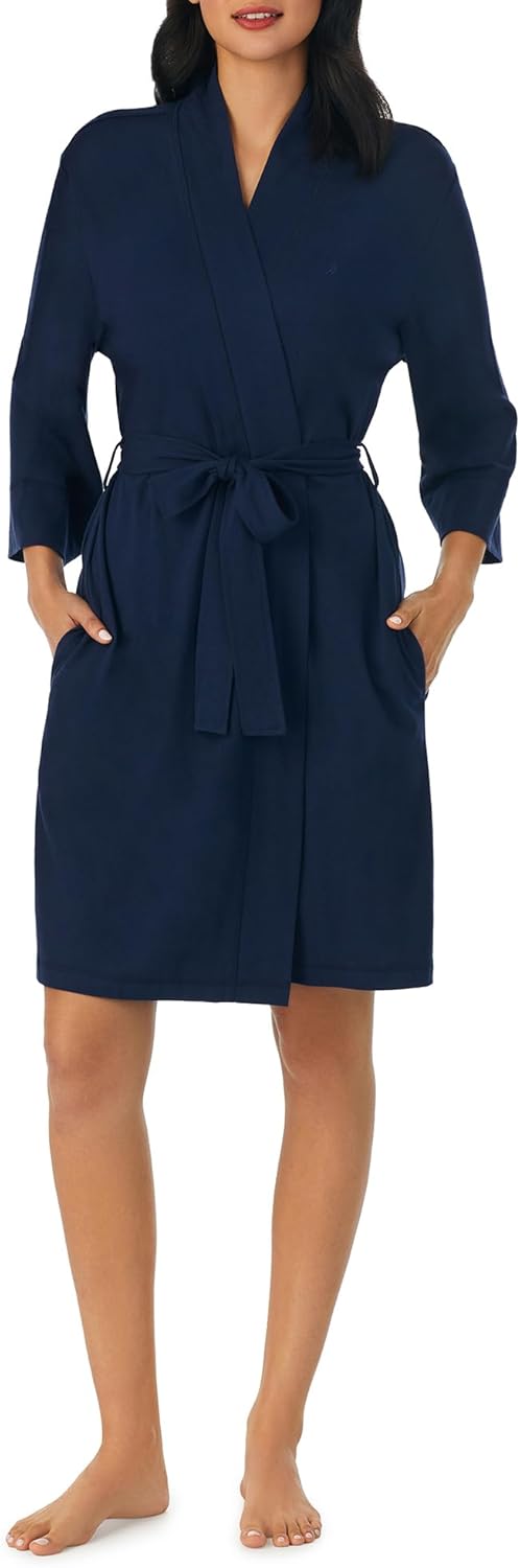 Nautica Womens Soft Robe - Above Knee 3/4 Length Sleeve Lightweight Robe - Cotton Knit Jersey Sleepwear and Loungewear