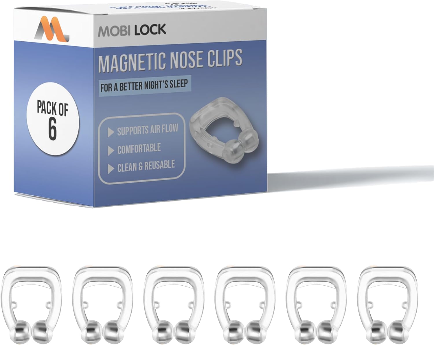 Pack of 6 Magnetic Anti-Snore Clips - Silicone Nose Clips - Reusable Snoring Solution for Nasal Snorers - Enjoy a More Peaceful Night's Sleep - by Mobi Lock