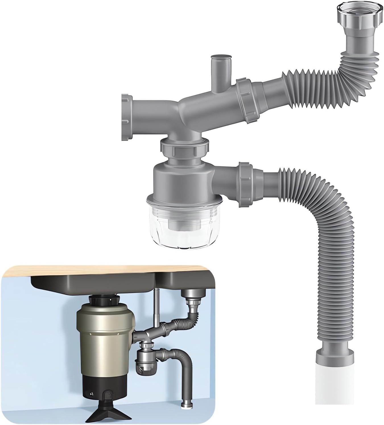 Garbage Disposal Drain Kit, Kitchen Sink P-Trap 1 1/2, Space Saving, Visible, Clog Resistant, Odor Resistant, Easy to Clean Double Sink Drain