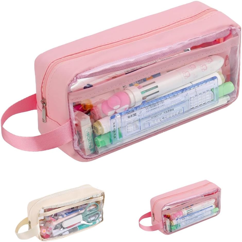HZYUEKUN Big Capacity Clear Pencil Case Portable Stationery Pencil Bag Waterproof Transparent PVC Colorful Exam Pencil Case Simple Primary Make Up Bag for School Office Outdoor Eventment(Pink)