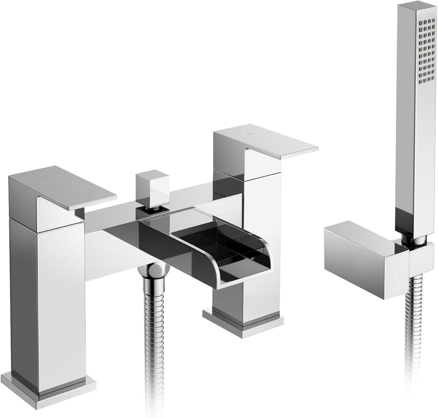 Waterfall Bath Shower Mixer Tap Modern Chrome Bath Filler with Handheld Shower 1.5m Hose & Wall Bracket Solid Brass Square Design High & Low Pressure Compatible