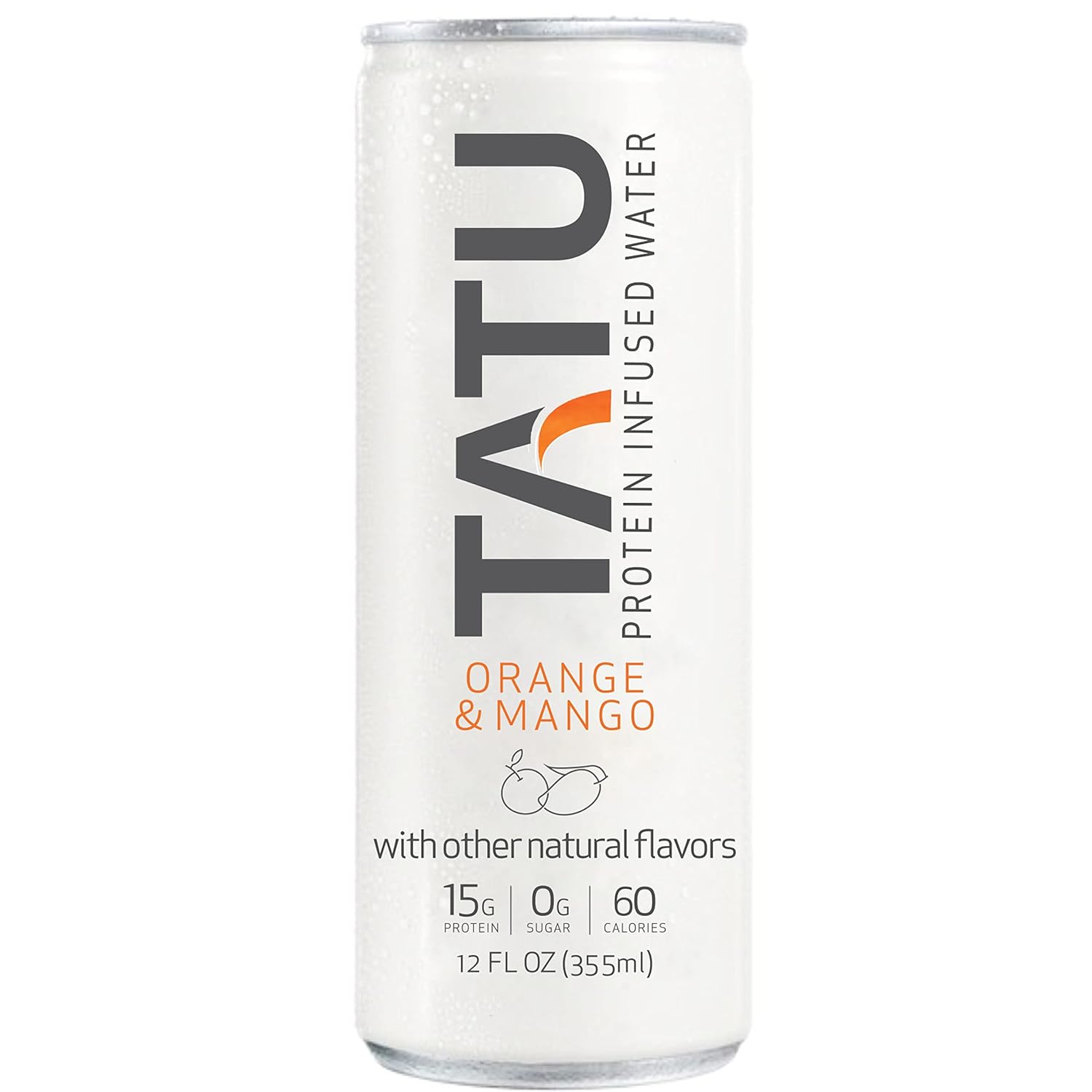 TATU Ready-To-Drink Protein Infused Water Orange Mango 4 Pack. 15 grams of whey protein isolate, 0 grams of sugar, only 60 calories. Lemon Ginger and Orange Mango. Gluten Free, lactose free.