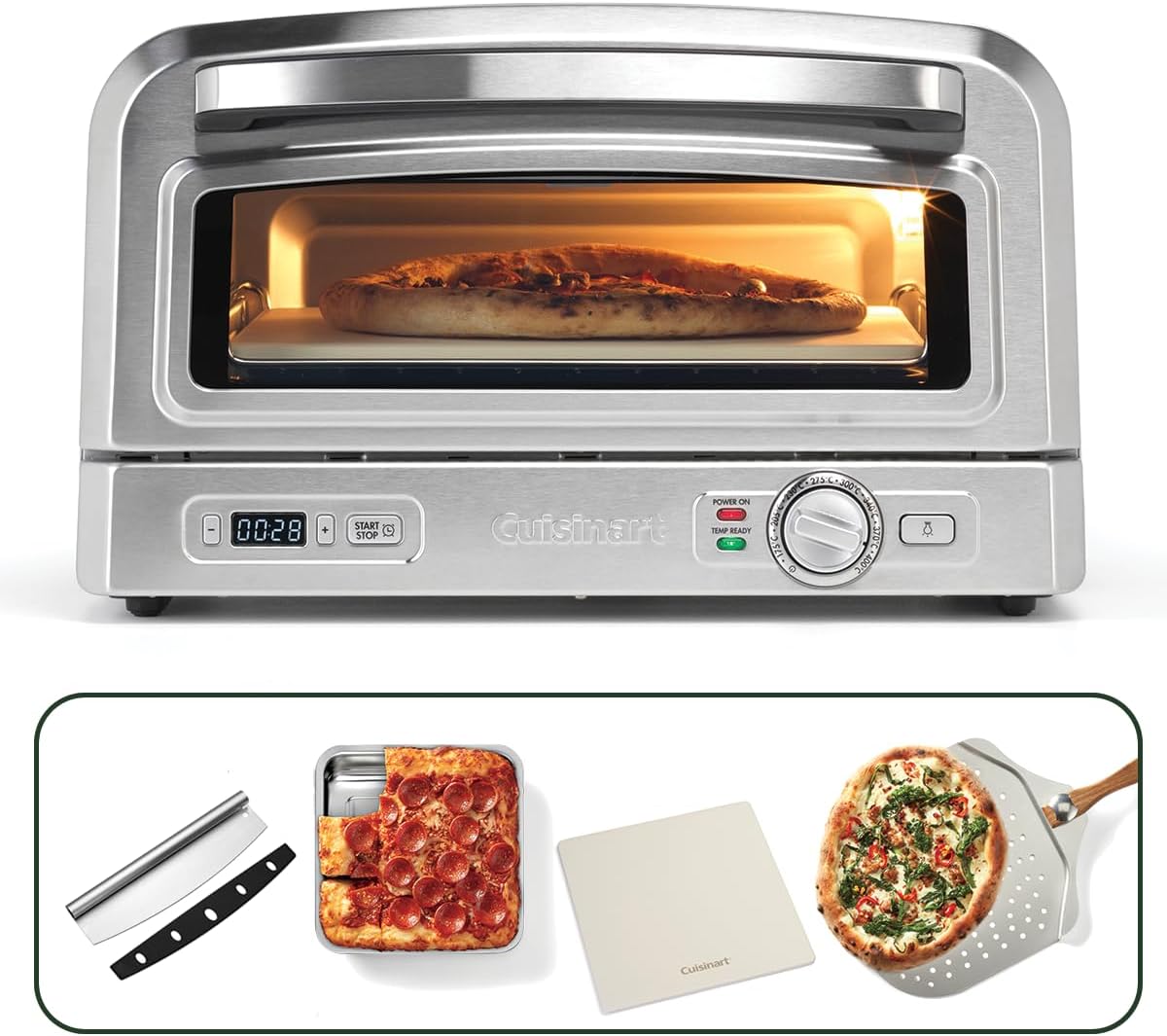 Cuisinart Pizza Oven | For Indoor use | Wood-fired taste in 5mins | Full Pizza kit included: Pizza peel, cutter, stone & deep dish | Calzone, focaccia, baked dishes | Adjustable time & temp to 400°C