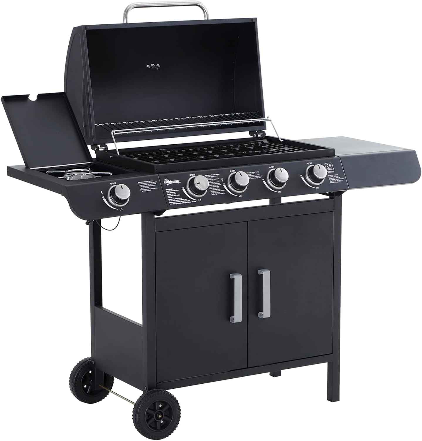 Outsunny 4+1 Burner Gas BBQ Grill with Wheels 125W x 51D x 100Hcm Black
