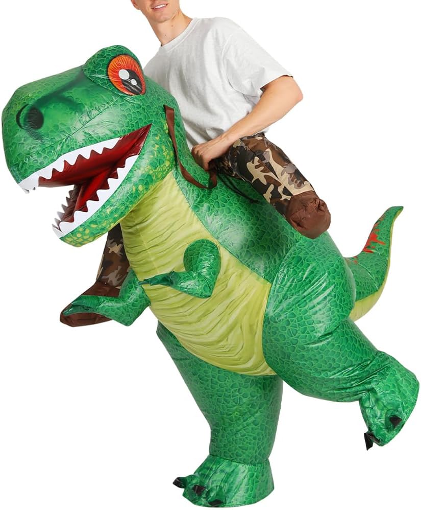 COMIN Inflatable Dinosaur Costume for Adults Ride-on Green Dino Funny Blow Up T-Rex Costume Halloween Party