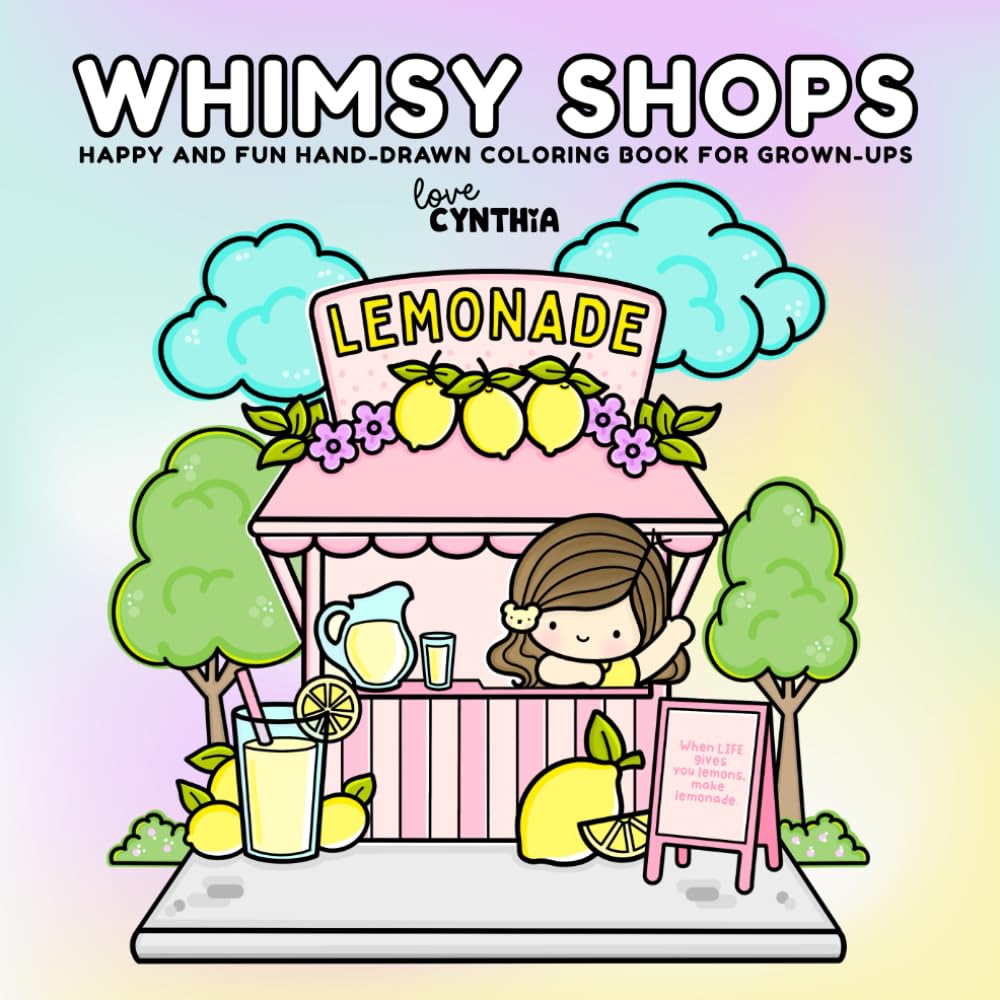 Whimsy Shops: Happy and fun hand-drawn coloring book for grown-ups!