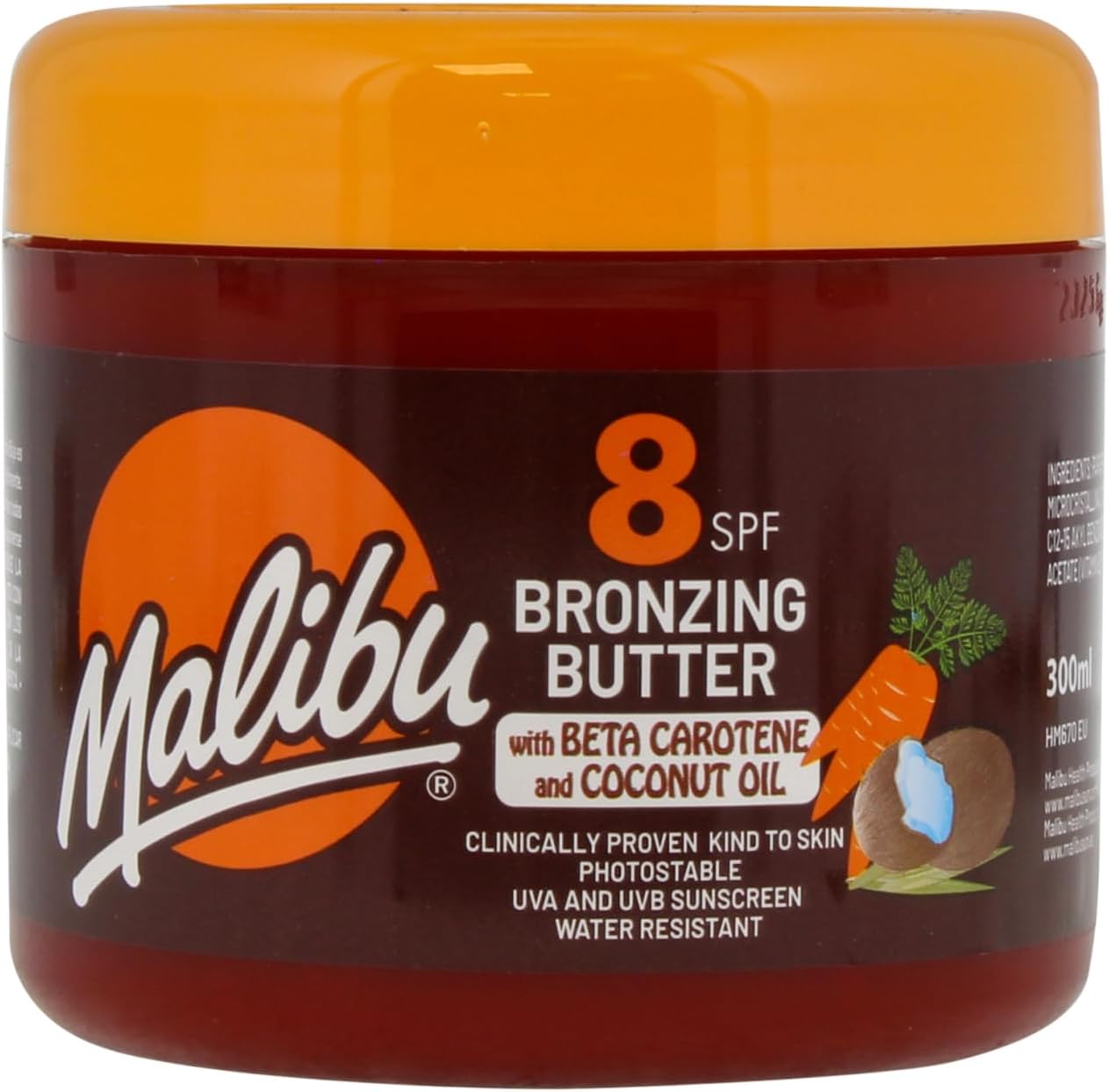 Malibu Sun SPF 8 Bronzing Tanning Body Butter with Beta Carotene and Coconut Oil, Water Resistant, Tropical Coconut Fragrance, 300ml