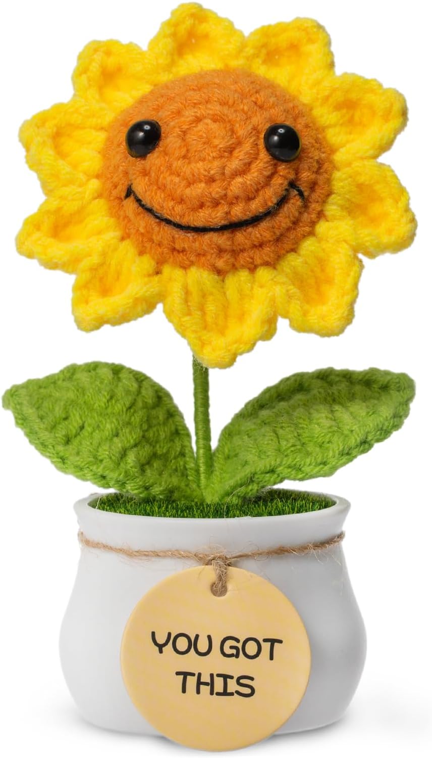 Handmade Crochet Sunflower Gifts for Women, Rochet Flowers Office Desk Accessories Decor for Coworker Sister Best Friend, Teacher - Christmas Mother Day Birthday Gift (You Got This)