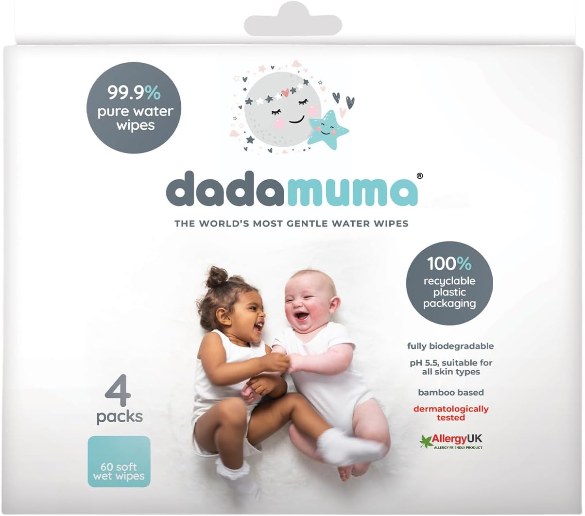 99.9% Pure Water Baby Wipes (4 x 60 Wipes), Gentle with Newborn Skin, Natural Ingredients, Allergy UK Approved, Plastic-Free, Biodegradable, Eco-Friendly