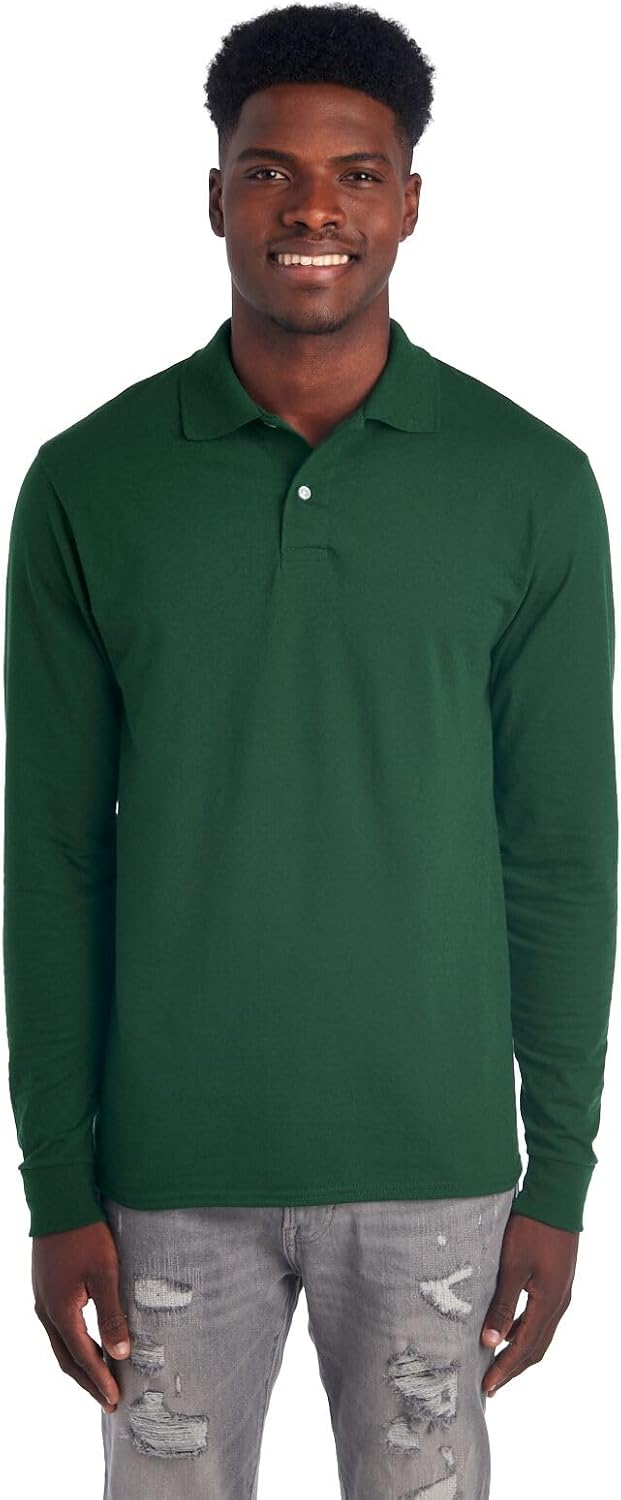 Jerzees Men's Long Sleeve Polo Shirts, Cotton Blend, Two Button Closure, Regular Fit, Sizes S-2x