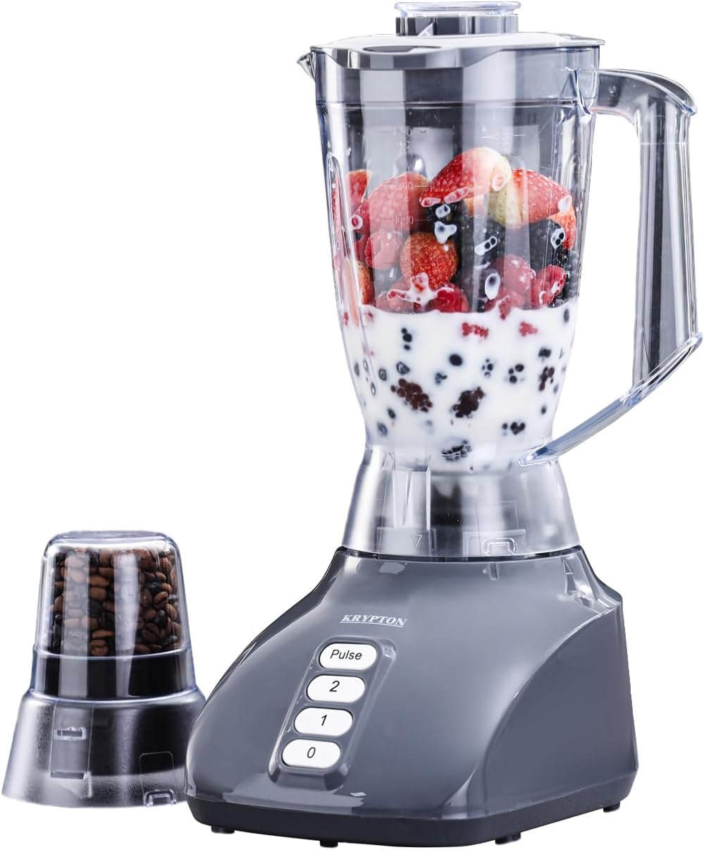 Krypton 2 in 1 Food Jug Blender | 1.6L Electric Blender Smoothie Maker Jar & 50g Mini Coffee Spice Mill | Stainless-Steel Blades with 2 Speed & Pulse Option | Overheat Protection | 650W, Grey