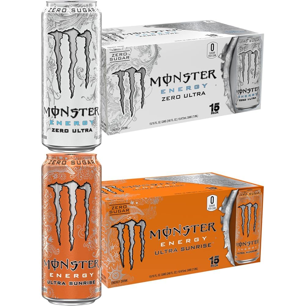 Monster Energy Zero Ultra, 16oz (Pack of 15) + Monster Energy Ultra Sunrise, 16oz (Pack of 15)