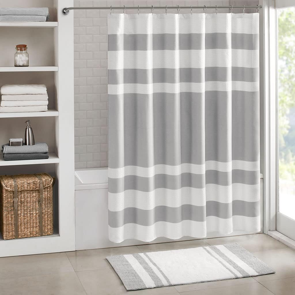 Madison Park Shower Curtain Waffle Weave Striped Pieced Design Fabric Shower Curtains for Bathroom with 3M Scotchgard Moisture Management Premium Spa Quality Modern Standard 72"x72" Grey