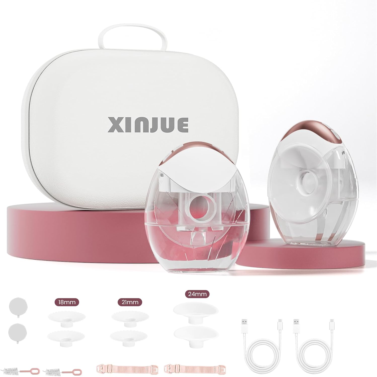 YM-806 Hands Free Breast Pump with Storage Handbag, Slim Wearable Breastfeeding Pump 4 Modes & 12 Levels, Electric Breast Pump Portable - 18/21/24mm Flange, 2 Pack Rose Gold
