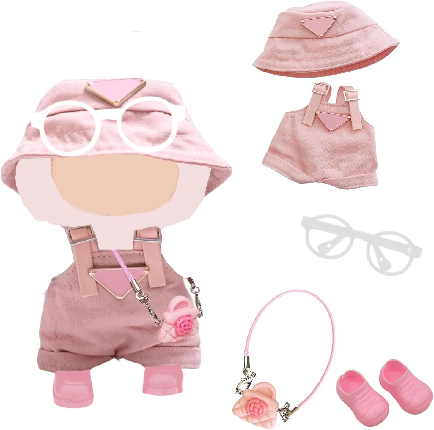 5 Pcs Doll Clothes for 17cm Plush Doll, Light Pink Set with1 Leggings1 Fisherman's hat Handbag1 Glasses1 Shoes for Dolls Premium Outfit, Birthday Holiday Present for Girls Kids (No Doll)