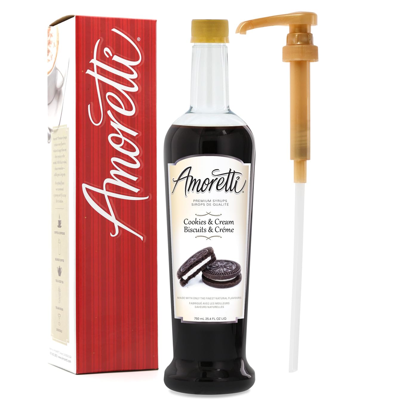 Amoretti - Premium Cookies & Cream Syrup, 94 Servings Per Bottle (750 ml), with Pump for Flavoring Coffees, Cocktails, and other Beverages, Gluten Free, GMO/GEO Free, Preservative Free