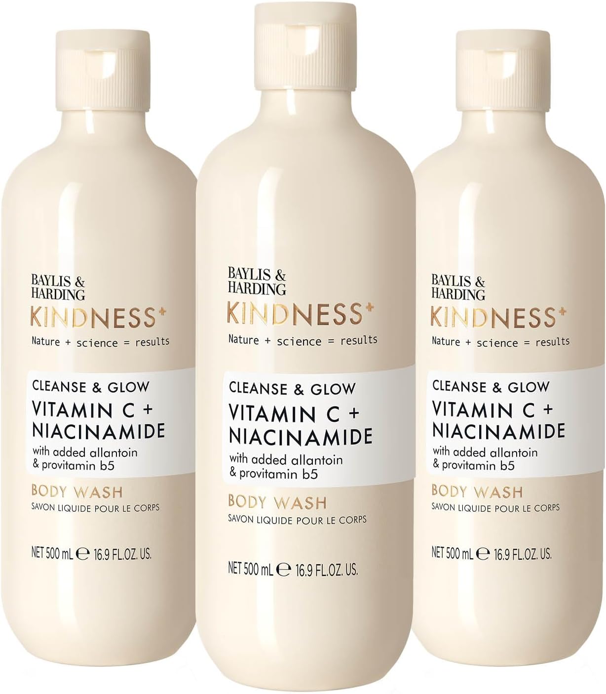 Baylis & Harding Kindness + Vitamin C & Niacinamide, Orange & Mango Fragrance, 500 ml Cleanse & Glow Body Wash (Pack of 3) - Vegan Friendly
