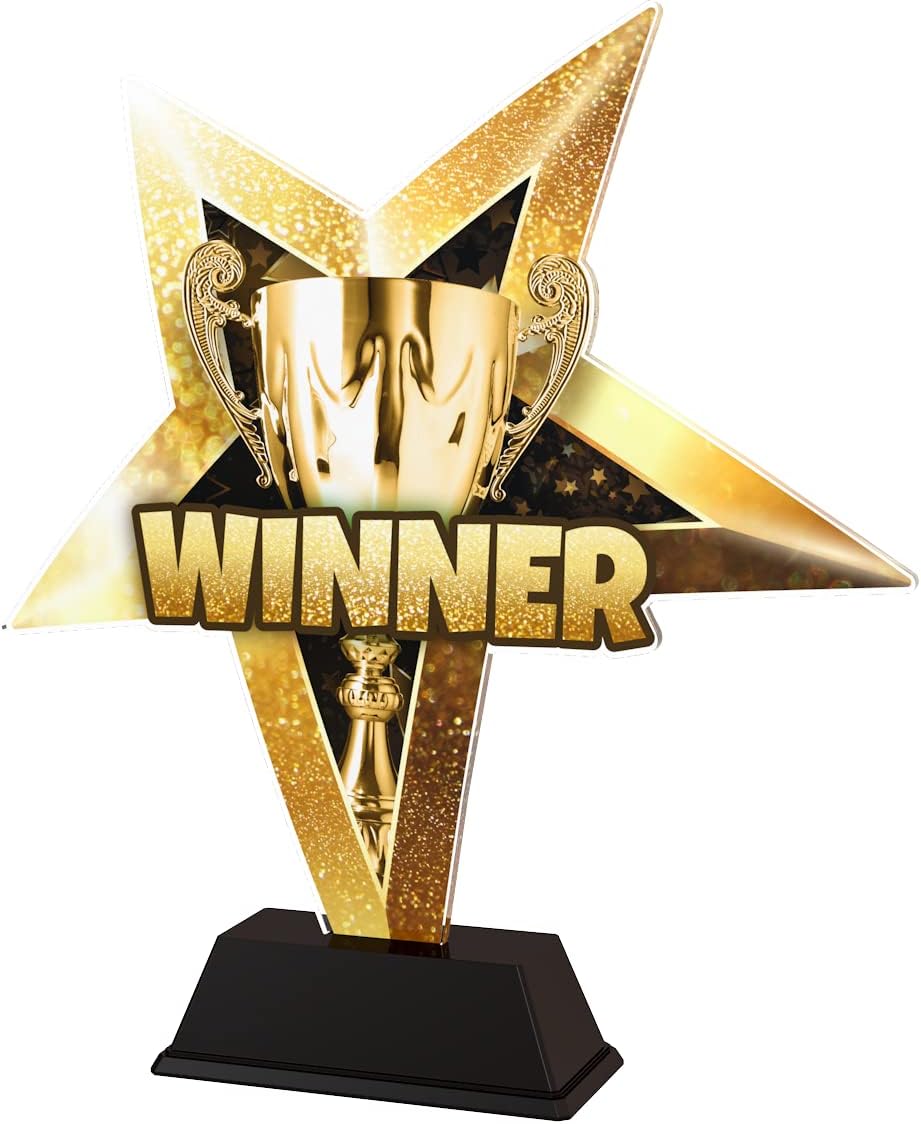 Trophy Monster Gold Star Winner Award 5 Sizes (125-195mm) | 10 Colour Options! | FREE Engraving | Made from full colour printed acrylic