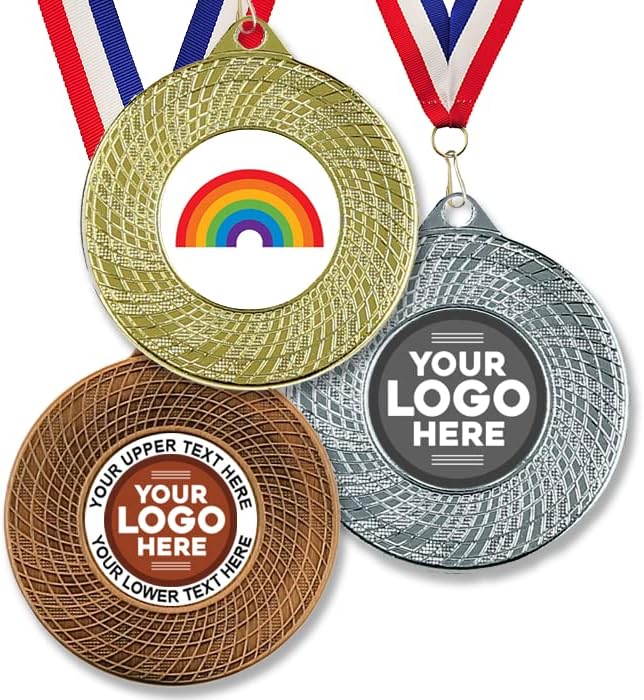 Trophy Monster Pack of 10x Metal 50mm Rainbow Vortex Medals & Ribbons Standard emblem or your logo FREE | Personalised | Bulk Pack Quantity Deals 50,100,250 or 500 | Gold, silver or bronze