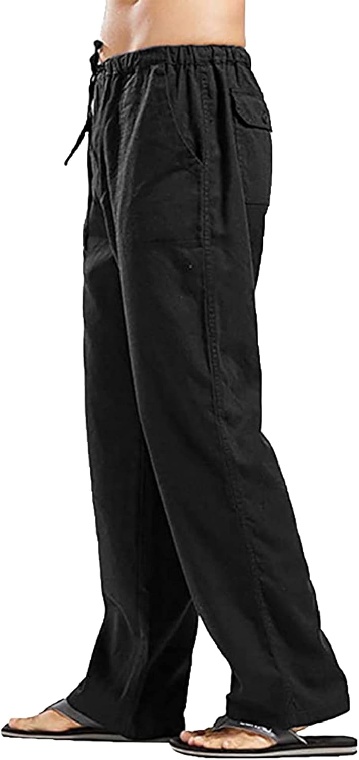 YAOHUOLE Men's Linen Trousers Lightweight Yoga Pants Elasticated Waist Straight Legs Drawstring Trousers