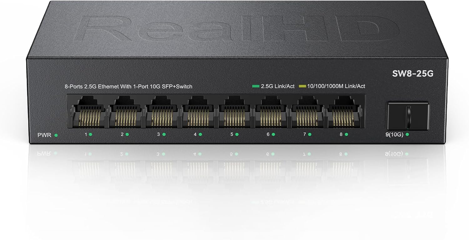 Real HD 8 Port 2.5G Ethernet Switch Unmanaged Network Switch with 8 x 2.5 Gigabit | 1 x 10G SFP+ | Work with 10-100-1000Mbps Devices | 60G Bandwidth | Plug & Play | Fanless Quiet Metal Internet Switch