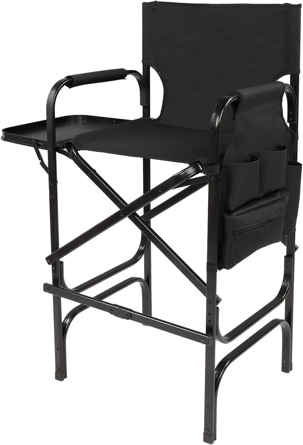 OmySalon 30" Tall Directors Chair Black Folding with Side Table Storage Bag,Aluminum Frame 300 lbs Capacity, 33.8" L x 19.2" W x 45.6" H,Portable Makeup Artist Bar Height