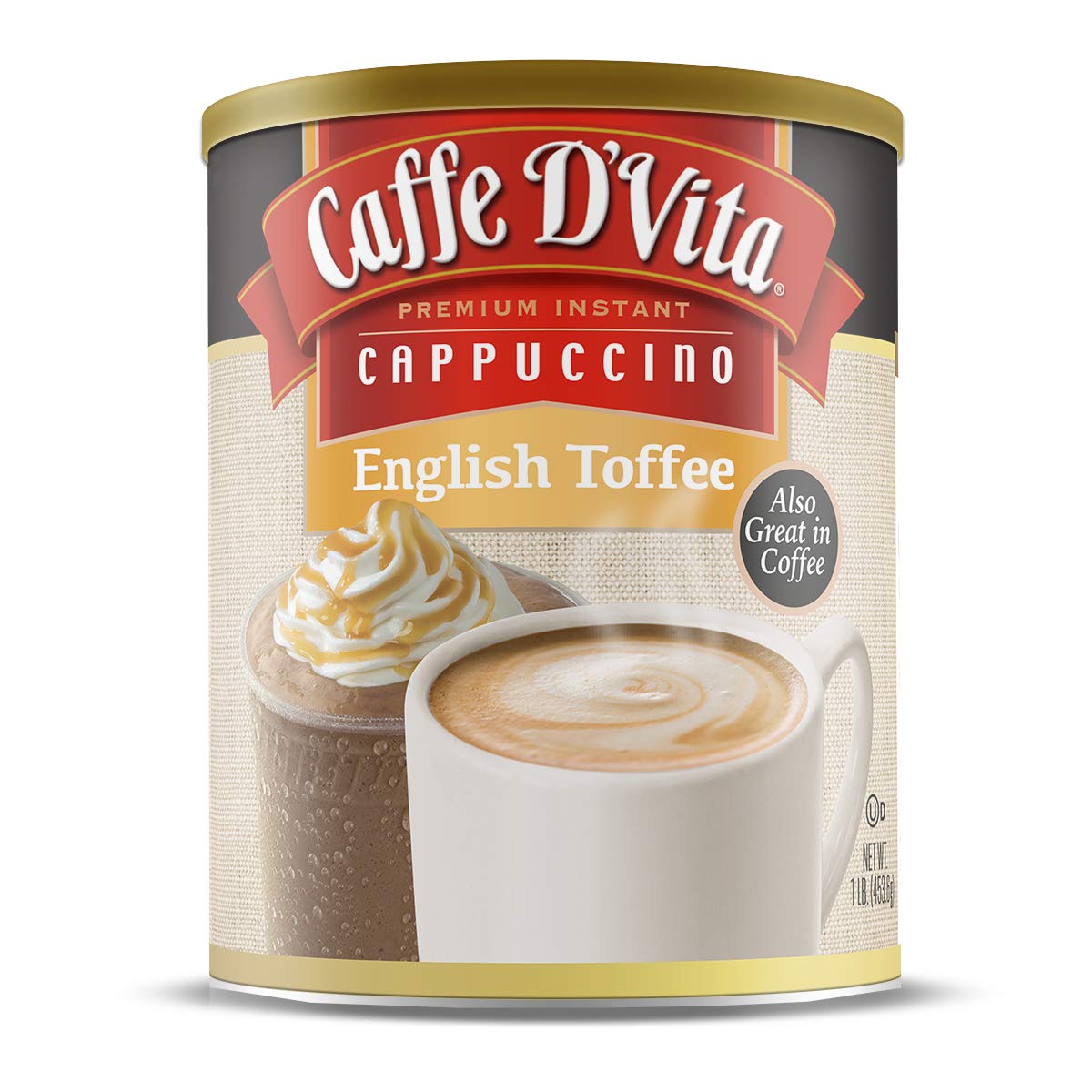 Caffe D'Vita English Toffee Cappuccino Mix - Instant Cappuccino Mix, Gluten Free, No Cholesterol, No Hydrogenated Oils, No Trans Fat, 99% Caffeine Free, Flavored Instant Coffee - 1 Lb Can