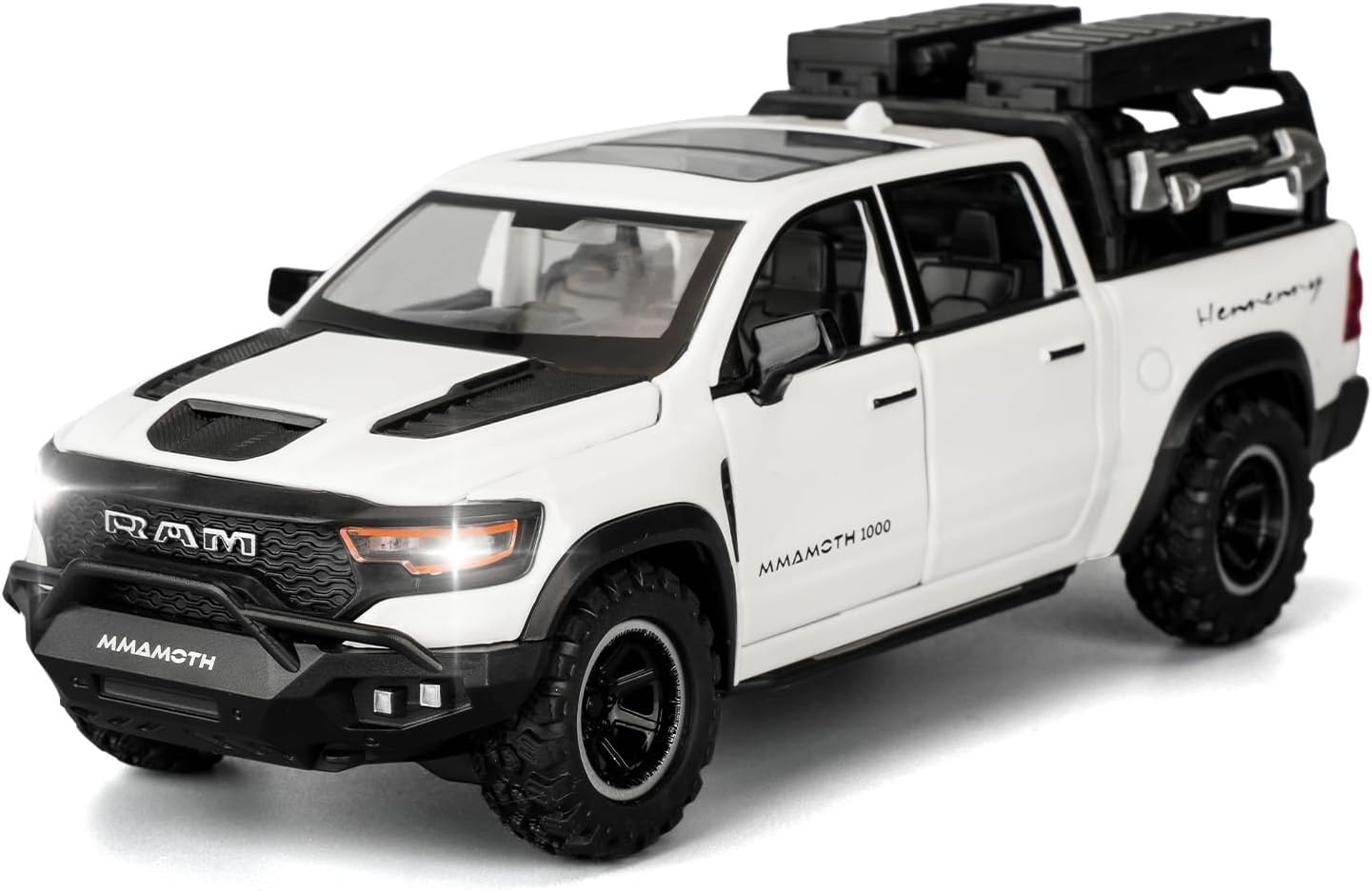 BDTCTK Dodge Ram Mammoth Pick-Up Truck Model Car, Zinc Alloy Pull Back Toy car with Sound and Light for Kids Boy Girl Gift(White)