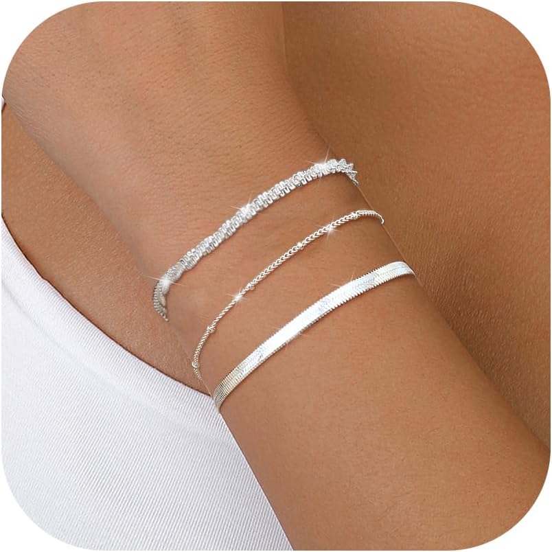 CASSIECA Sterling Silver Bracelets for Women Ladies Silver Bracelets Layered Dainty Link Chain Bracelet Adjustable Stackable Beaded Bracelets for Women Girls