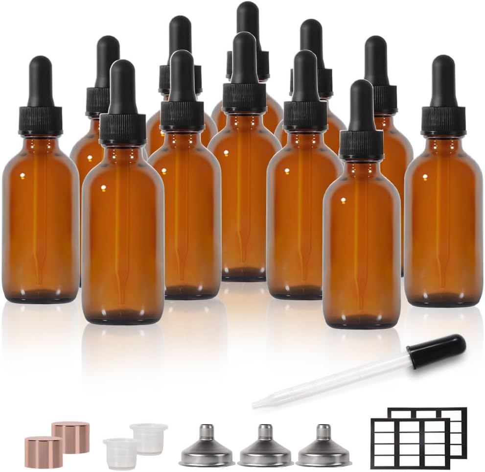 2 oz Dropper Bottle,12 Pack Glass Eye Bottle for Oils Small Travel Oil Amber Dropper with 1 Funnel & 6 Labels - Essential Oils Bottles for Health, Personal Care & Beauty Tincture Bottles Leakproof