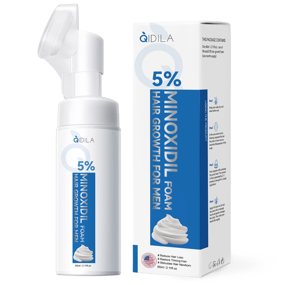 5% Minoxidil Foam for Men Hair and Beard Regrowth, Dermatologist-Recommended Lightweight Topical Solution, Thicker Fuller Hair Growth Treatment (60ml/2.11fl.oz)