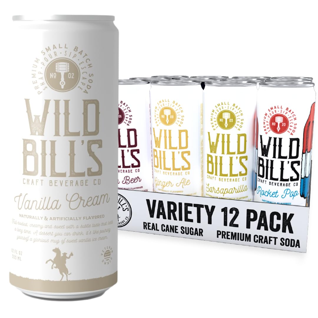 Wild Bill's 12 Flavor Craft Soda Soft Drinks Variety Pack, Root Beer, Strawberry Cream, Cola, Black Cherry + MORE, Pure Cane Sugar, NO High Fructose Corn Syrup, Caffeine Free, Gluten Free, Vegan (12 oz, 12-Pack)