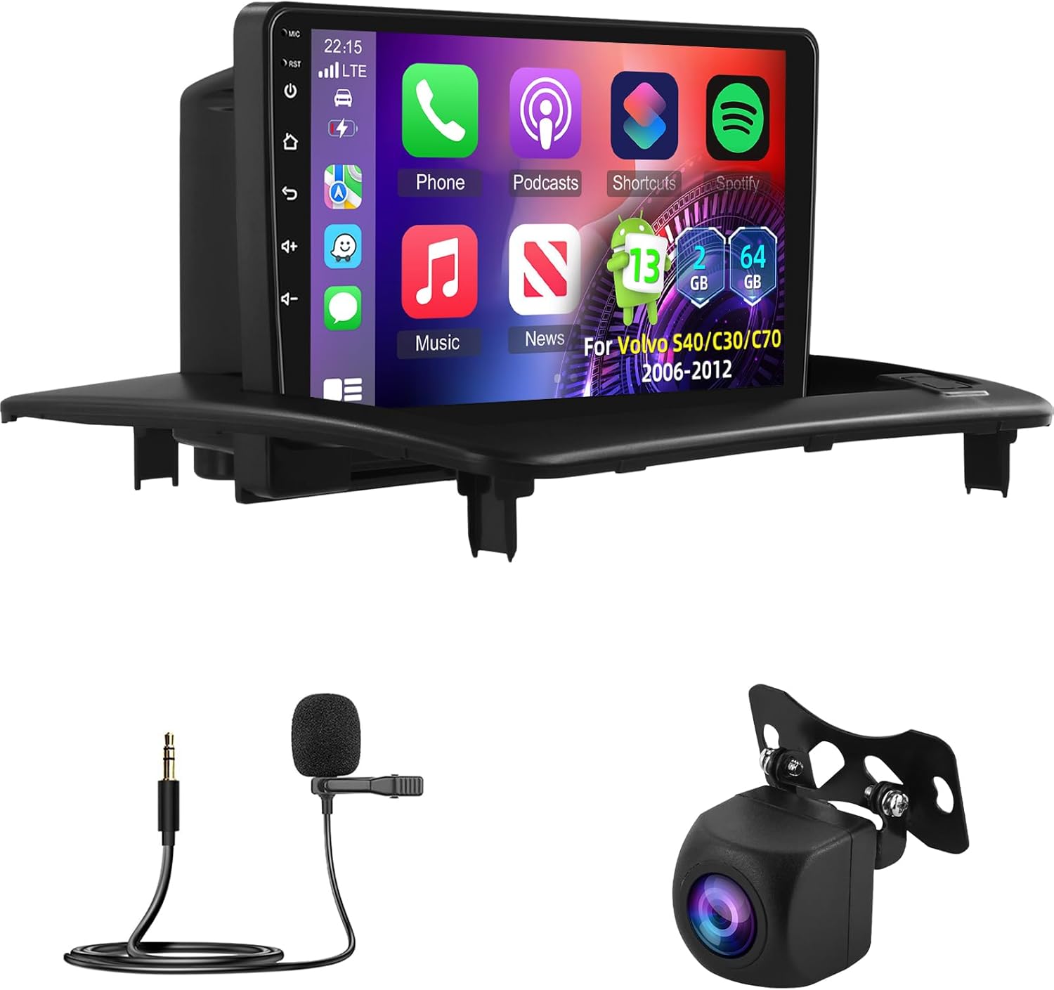 for Volvo S40/C30/C70 2006-2012 Android Car Stereo [2+64G] - Wireless Carplay & Android Auto - 9 Inch Touchscreen Radio with Equalizer, WiFi, GPS, Split Screen + AHD Rear View Camera
