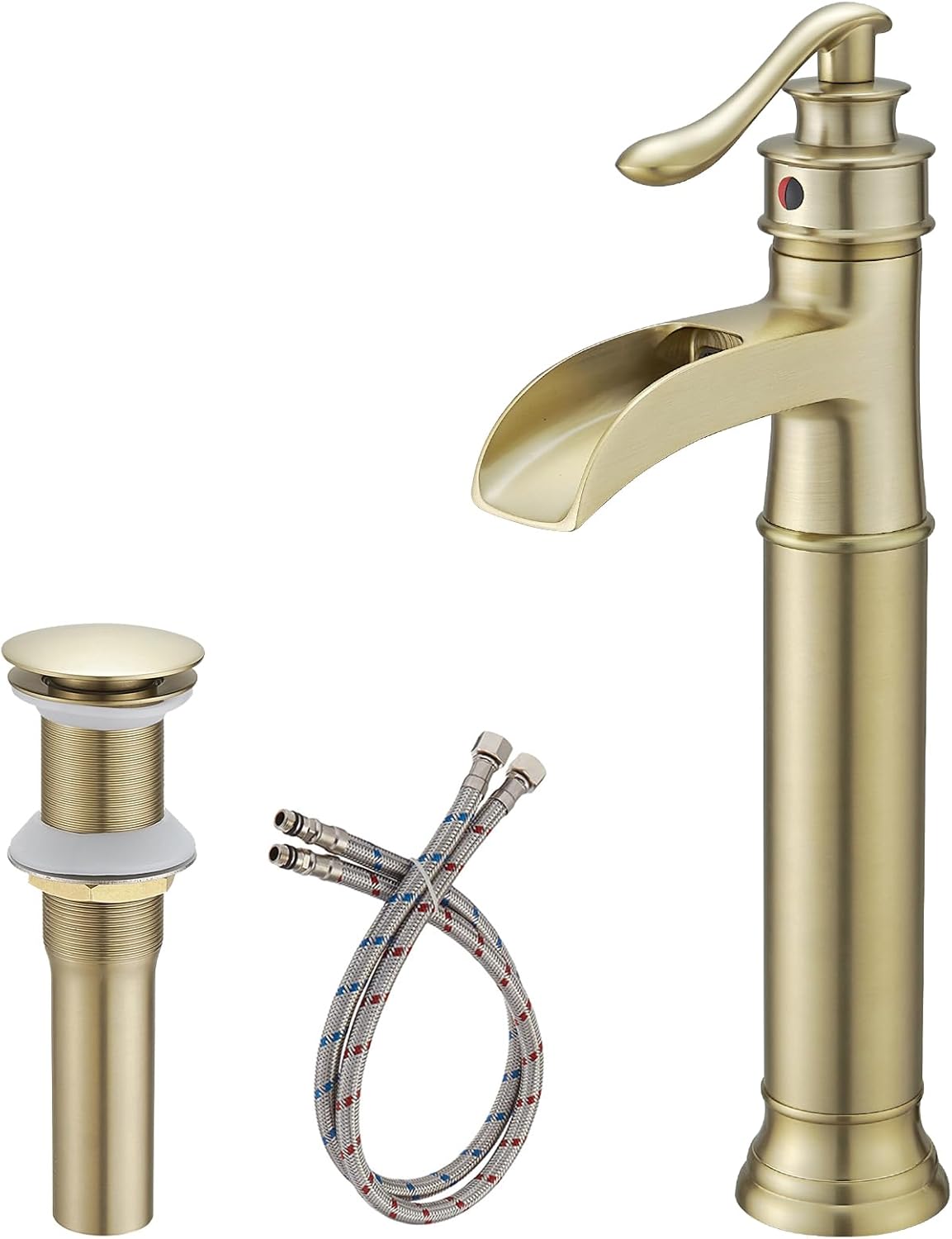 Vessel Sink Faucet 1 Hole, Waterfall Single Handle Bathroom Faucet, Brushed Gold Brass Tall Farmhouse Bathroom Faucets with Pop Up Drain Mixer Tap for Lavatory Vintage Antique Washroom