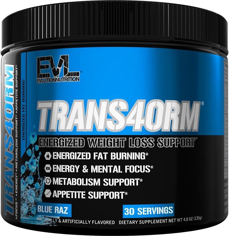 Evlution Thermogenic Fat Burning Support Powder Nutrition Trans4orm Fast Acting Energy Powder to Support Fast Metabolism Weight Loss and Mental Focus with CLA Carnitine and Alpha GPC - Blue Raz