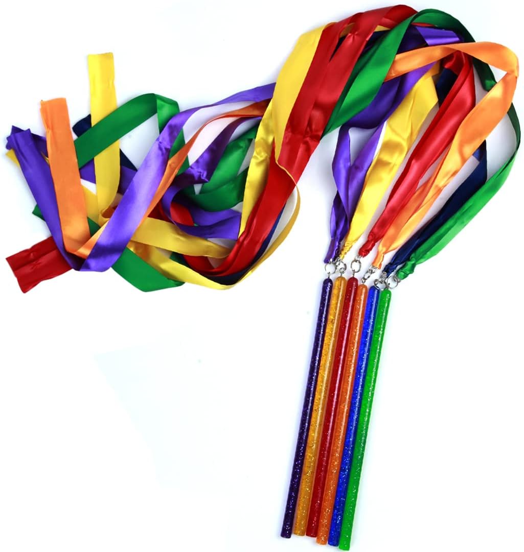 GSi Multicolor Sparkling Gymnastic Ribbon Wands [6 pack] with 9 inch stick and 1 meter ribbon for Gym, Training, Circus, Dance, Baton Twirling, Dancing Streamers (pack of 6)