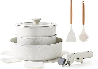 SENSARTE 9 Piece Pots and Pans Set, Nonstick Detachable Handle Cookware, Induction Kitchen Cookware Set with Removable Handle, Healthy Non Stick RV Cookware, Dishwasher ＆ Oven Safe, PFOA Free (White)