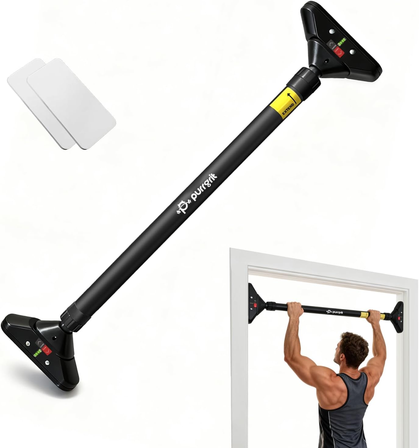 Pull Up Bar for Doorway No-Screw, Adjustable Width (74-95cm), 200kg/440 lbs Capacity, with 360° Lock & 2x EXTRA Foam Padding for Ultimate Door Frame Protection, Home Chin Up Bar