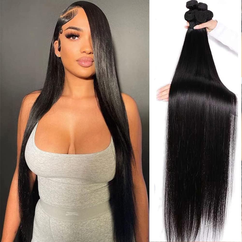Brazilian Straight Human Hair Bundles 100% Unprocessed Virgin Human Hair Extensions 3 Bundles Double Wefts Natural Black Color for Women, 14 16 18 Inch