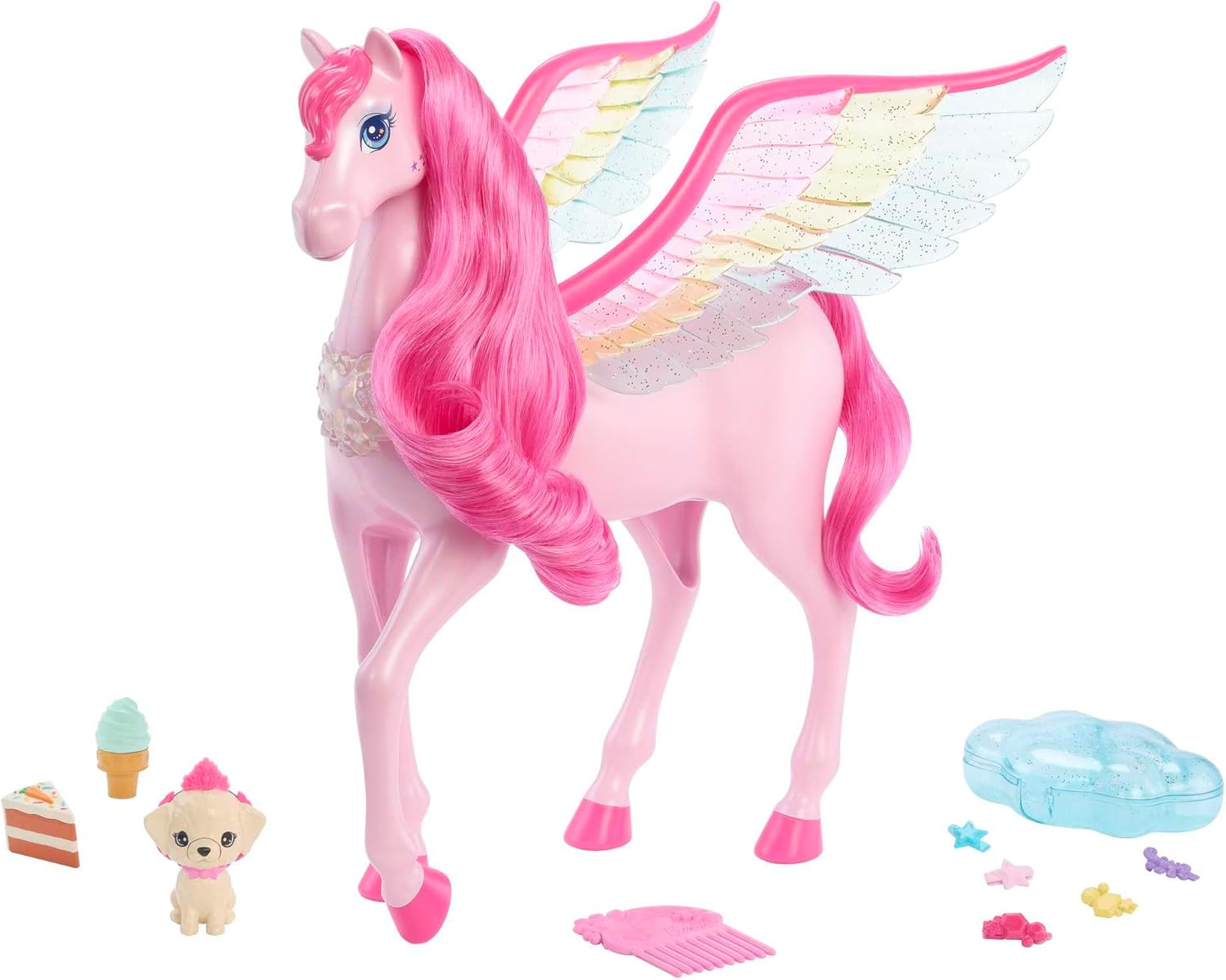 Barbie A Touch Age 3+ of Magic Pegasus, Pink Pegasus with Pink Hair and Rainbow Wings, Lights and Sounds, Toy Puppy, 10 Toy Accessories, Toys for Ages 3 and Up, One Barbie Pegasus, HLC41