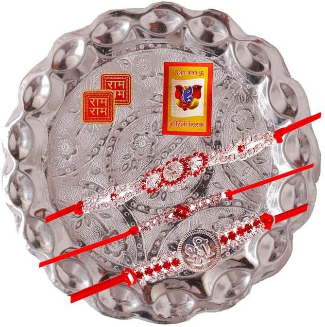 Three Silver RED Stone Rakhi THALI Combo, 7 inch, Metal, Diamond