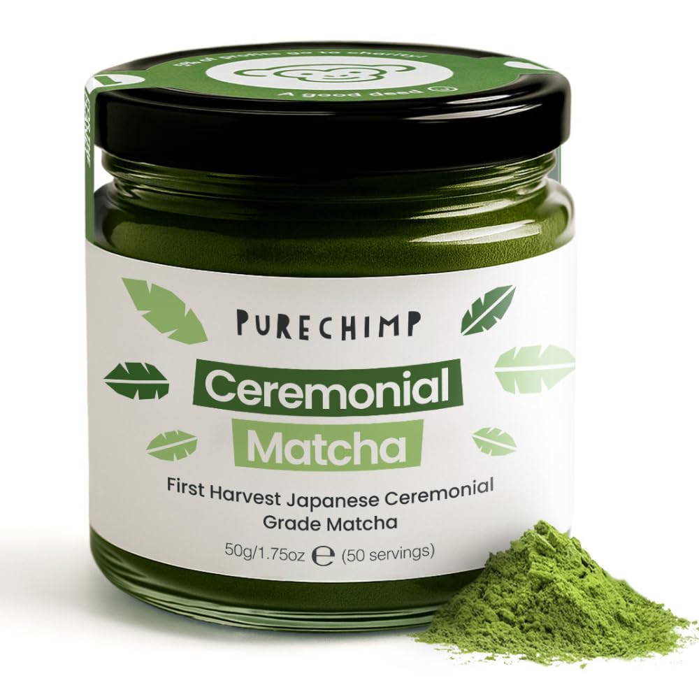 PureChimp Ceremonial Grade Matcha Powder 1.75oz. Pure Japanese Matcha Ceremonial Grade Tea, Shade-Grown in Kagoshima. Antioxidant-Rich Green Tea Powder for Lattes. Recyclable Glass Jar, Unsweetened