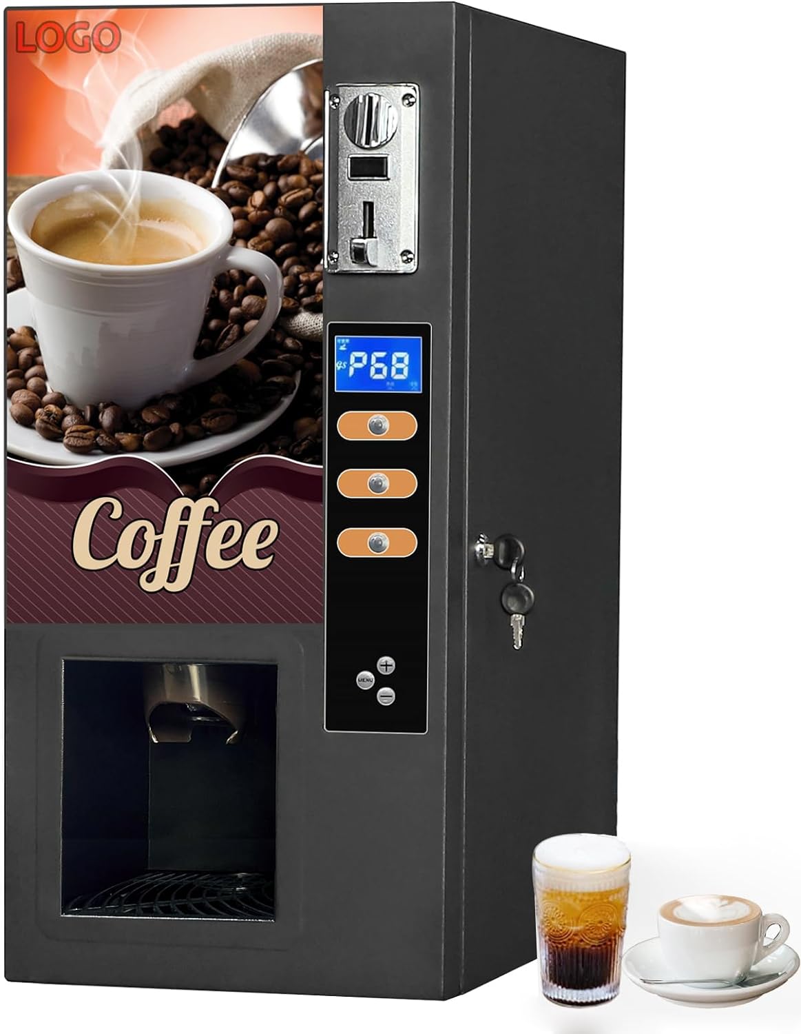 Coffee Vending Machine Coffee Maker with Smart Commercial Self Coin Payment, 3 Flavor Instant Hot Coffee Vending Machine Coffeemaker, Automatic Cup Drop System