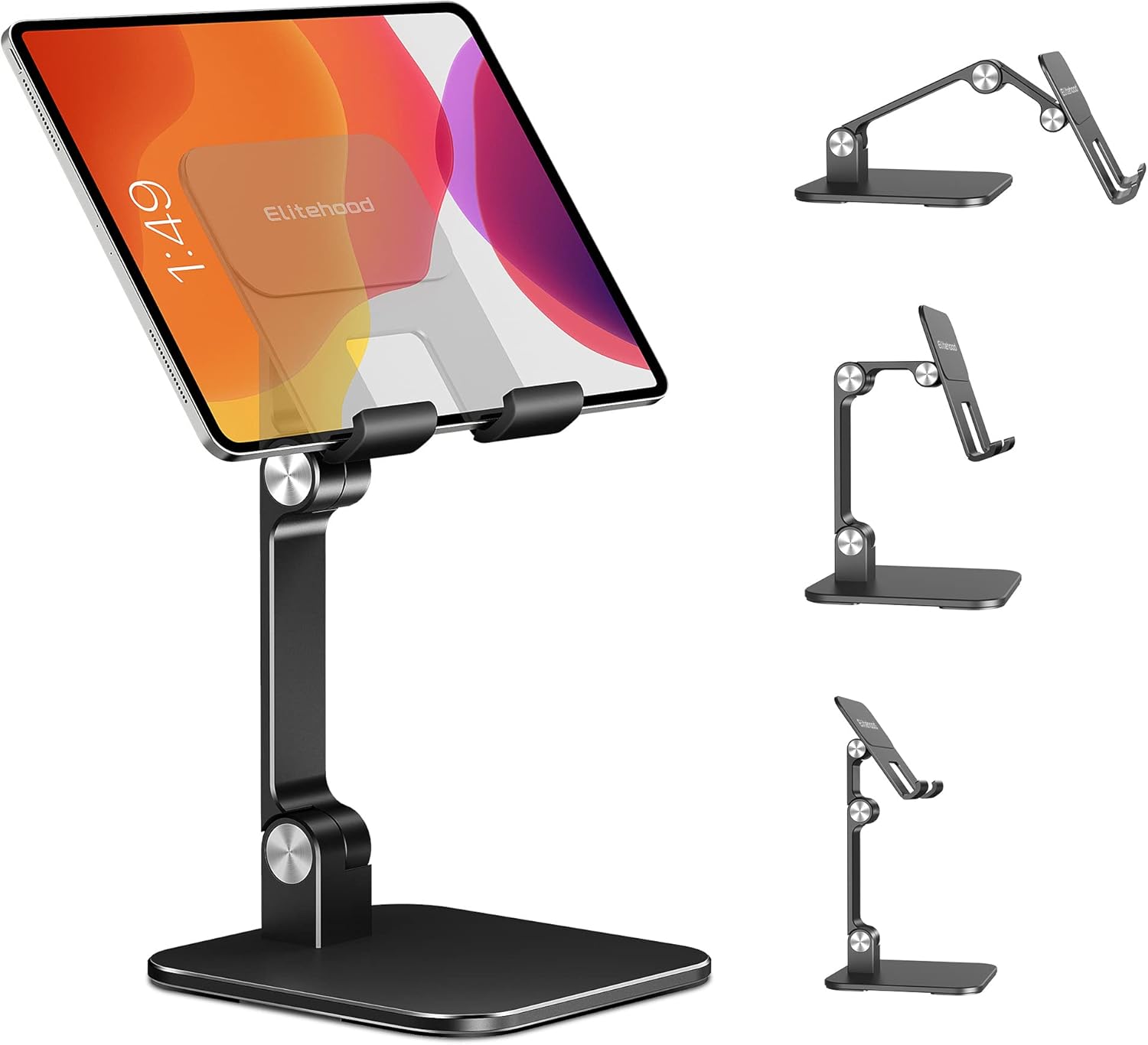 elitehood Aluminum iPad Stand for Desk [Ultra-Stable & Sturdy], Height Adjustable Tablet Stand, Portable Tablet Holder Dock for Home Office, Compatible with iPad Pro 12.9, Air Mini 6 5 4 3, Black